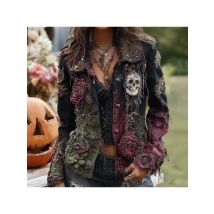 Autumn Winter Denim Retro 3D Printing Open Lined Jacket Winter Women Ethnic Casual Button Denim Jacke Top Vacation Jacket Women