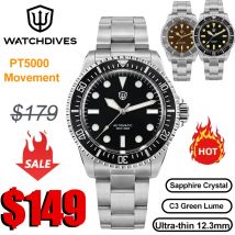 Watchdives WD5513 V2 PT5000 Vintage Sub Dive Watch Sapphire Automatic Mechanical Watches 20Bar Waterproof Stainless Steel