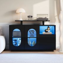 LVHOM Moderne schwarze LED-Kommode (120 x 40 x 80 cm) – 2 Schubladen, Glastüren und offenes Aufbewahrungsfach