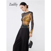 Damen-Langarm-T-Shirt, schmal, abstrakter Druck, O-Ausschnitt, transparent, Damenbekleidung, Sommer, lässig, schlank, 2024