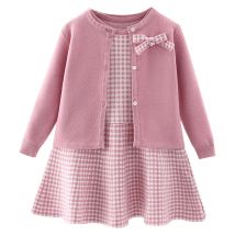 Herbst kinder baby pullover stricken langarm kleid Weihnachten Tag party mädchen karierten pullover mantel Plaid weste anzug kleid
