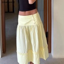 New 2025 Holiday Buttons Low Waist Midi Long Skirt Women Spliced Ruched Wood ears Swing A-lined Skirts Boho Yellow White
