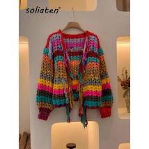 Regenbogenfarbener, grob gestrickter Cardigan mit Quasten vorne, 2025, Frühling und Herbst, handgefertigter Pullover für Damen, Nischendesign, Strickwaren-Outfit C-237