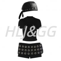 HLJ&GG Black Y2K Fashion Punk Hollow Shorts Two Piece Sets Women Round Neck Rhinestone Slim Crop Top + Shorts Outfits Streetwear