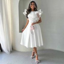 Maßgeschneiderte elegante Damen-Cocktailkleider, kurzes A-Linien-Abschlussballkleid, weiß, O-Ausschnitt, Rüschen, gerüscht, maßgeschneidertes Anlasskleid, Midi