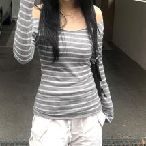 Damen Vintage Off Shoulder Tops Slim Fit gestreiften Druck Langarm lässig frühen Herbst T-Shirt Streetwear