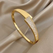 Irregular Rhinestone Splicing Cuff Bangle Bracelets Elegant Gold Plated Copper Geometric Wrist Bracelet Party Jewelry Gifts