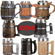 Holzfass Bierbecher Edelstahl Kaffeetasse Wikinger Stil Vintage Bierkrug Doppelwandiger Trinkbecher Halloween Bar Trinkgeschirr
