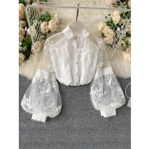 Neue Frauen Französisch Mesh Spitze Bluse Stehkragen Dreidimensionale Gestickte Puff Ärmeln Gericht Dünnes Hemd Weibliche Tops W62
