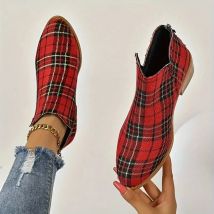 Stiefeletten für Damen, Weihnachten, Karomuster, Reißverschluss, Retro, rot, kariert, Chelsea-Stiefel, Outdoor-Plateauschuhe, klassische seitliche Stiefeletten