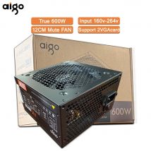 Aigo AK 600 W PC-Netzteil, Schwarz, Gaming, leiser 120 mm RGB-Lüfter, 24-polig, 12 V, ATX-Desktop-Computer-Netzteil für BTC