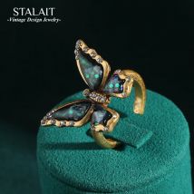 Romantic Vintage Jewelry Emerald Butterfly Rings for Woman Gold Color Black Crystal Colorful Enamel Luxury Party Accessories