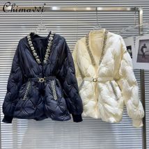 Winter Neue Schwere Strass Perlen V-ausschnitt Rand Taille Warme Daunen Jacke frauen Lose Lange ärmeln Elegante Süße Mädchen unten Mantel