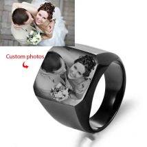 Benutzerdefinierter Herren-Ring aus Edelstahl mit quadratischer Breite und graviertem Namensfoto-Logo, personalisiertes Familienpaar, Weihnachtsschmuck, Geschenk