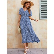 Damen Vintage Boho Druck Sommer Kleid Frauen Casual Blau Elastische Taille Böhmischen Strand Sommerkleid Frauen Kleid Robe Vestidos Weibliche