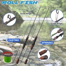 ROLLFISH Ultraleichte Kohlefaser-Spinnguss-UL-Forellen-Angelrute mit Massivholzgriff für Forellenbarsch + 100 m PE-Angelschnur