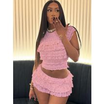 Seltsame Puss sexy Tierred Frauen 2 Stück Set Sommer elegante dünne Rüschen Tnak Top Shorts Röcke Mitternacht Konzert Party passenden Anzug