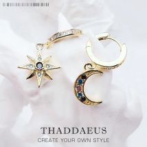 Royalty Star & Moon Hinged Hoop Bohemia Fine Jewerly For Women Lucky Gift In 925 Sterling Silver