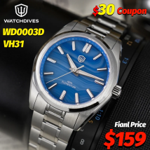 Watchdives WD0003D Orologio al quarzo VH31 Sweep Seconds Movimento 38mm Ice Crack Quadrante Zaffiro Luminoso 100m Orologio da polso da uomo impermeabile