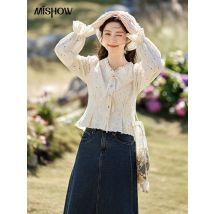 MISHOW Hohle Spitze Hemd für Frauen Frühling 2025, Französisch Retro Spitze 100 Baumwolle Hemd V-ausschnitt Taille Elastische Bündchen Blusen MXE12X1710