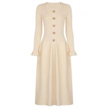 ZJYT Women's Pearls Beading Knitting Sweater Dresses Autumn Winter Fashion Flare Sleeve Midi Casual Basics Dress Elegant Female