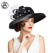 FS Elegante breite Krempe Zylinder für Frauen mit Schleier Blume Hochzeit Braut Satin Stoff Hut formelle Anlässe Derby Kirche Kleid Cap