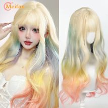 Long Wave Blonde Gradient Color Wig with Bangs Wigs Daily Use Synthetic Orange Loose Body Wavy Wig For Halloween Cosplay Party