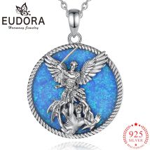 Eudora 925 Sterling Silver Saint Michael Archangel Necklace inlay Opal Warrior Amulet Pendant Religious Jewelry for Men Women