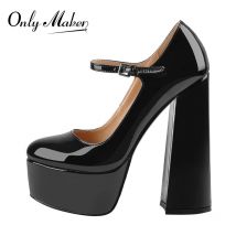 Onlymaker Frauen Pumps Mary-Jane Plattform Schwarz Rosa Chunky 16CM High Heels Ankle Strap Kleid