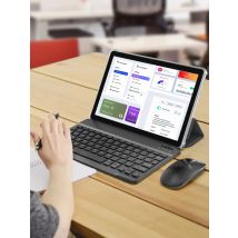 New BAKEN 10-inch Android 15 tablet with 64GB storage, keyboard, leather case, SIM card slot, stylus, mouse, and dual speakers