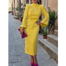Yeezzi Urban Weibliches formelles Bürokleid mit Stehkragen, 2025, neuer Frühling, ausgestellte Ärmel, modische, geknöpfte, hoch taillierte Midi-Kleider