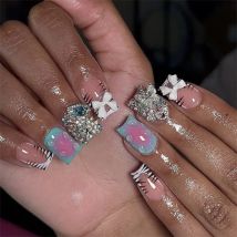 10 Stück Französische kurze quadratische falsche Nägel Zebramuster Muster 3D Bowknots Dekor Y2k Fake Nail Shimmery Diamond Blush Press On Nails