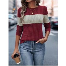 6 Color Blocked Round Neck Long Sleeved Top Women's Casual T-shirt High Street Fashion Daily Autumn Pullover