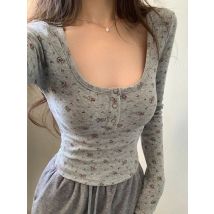 2026 druck Grau Langarm T-shirt Für Frauen Koreanischen Stil Tees Schlank Sexy O Neck T-shirt Frau Kleidung Frühling Crop Tops mujer