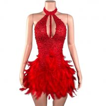 Funkelndes rotes Strass-Perlen-Neckholder-rückenfreies Mini-Federn-Kleid für Damen, sexy Feiern, Geburtstagskleid, Performance-Tanzkostüm