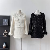 Winterkleid ung neuen Stil kleinen Duft Rundhals ausschnitt Straußen fell Langarm Mantel hohe Taille Rock zweiteiliges Set