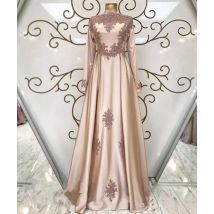 Maßgeschneidertes elegantes rosafarbenes High-Neck-Langarm-Aufkleber-A-Linien-Damenkleid in Übergröße für Abschlussball, Party, formelles Gala-Abendkleid für Damen