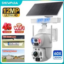 SHIWOJIA 4G Solarbetriebene 4G-Kamera 6K 12MP 60X Zoom Dual Lens Dual Screen Human Detect Auto Tracking Outdoor 10W Solarpanel WI