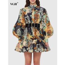 VGH Hit Color Printing Vintage Mini Dresses For Women Stand Collar Lantern Sleeve High Waist Patchwork Belt A Line Dress Female