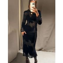Women Elegant See Through Lace Long Dress Sexy Full Sleeve O-neck Slim Robe Fashion Split Skirt New Lady Club Party Commute Gown