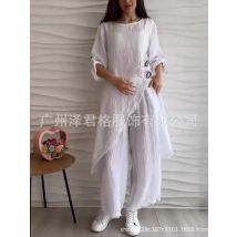 Zweiteiliges Damen-Set, einfarbig, Knöpfe, unregelmäßiger Schlitz, langes T-Shirt, Oberteil, lockere Hose mit weitem Bein, 2-teiliges Set, lässiger Damenanzug