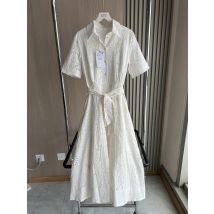 ETJ 2025 new  women's elegant fashion hollow embroidery cotton shirt lapel short-sleeved dress temperament long skirt