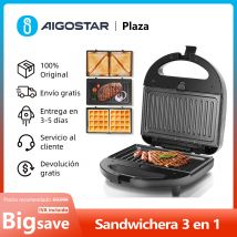 Sandwichera 3 en 1: Sandwichera Eléctrica, Grill y Gofrera, 3 Placas Desmontables Antiadherentes e Intercambiables, 750 W