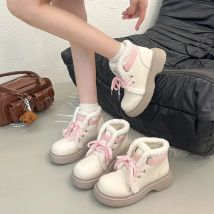 Sweet Girls Lolita Winter Mid-Calf Snow Boots,Young Women Students Cute Plush Rabbit Ears Bowknots Warm Flat Platform Shoes