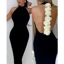 Elegantes Kleid mit Rosendetail für Damen, Sext, Stehkragen, ärmellos, rückenfrei, figurbetont, 2023, Frühjahr, neue Mode, Abendparty, Robe
