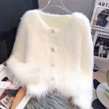 Zoki Elegante Chic Strickjacke Frauen Faux Nerz Kaschmir Langarm Gestrickte Jacken Koreanische Casual Süße Weibliche Herbst Winter Weiß Top