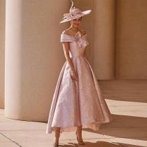 Customized Wedding Guest Dresses Satin A-line Birthday Party Dress Pink Off-the-shoulder Bow Pleated Women's Evening Dresses