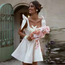 Dreamy Fairy Garden Wedding Dress White Satin Ruched Bow Wedding Party A-line Square Neck Mini Dresses Short Bridal Dresses 2024