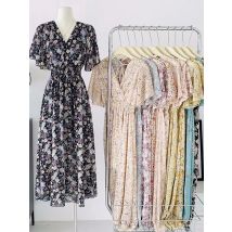 2023 sommer Kurzarm Casual Kleider Weibliche Elastische Taille Gefaltetes Backless drucken Chiffon-Kleid Frauen Midi Kleider Vestidos