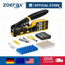 ZoeRax RJ45 CAT6 CAT5E CAT5 Kit di strumenti a crimpare, utensile a crimpare, tester per cavi, tagliafili e spelafili, lama, 50 connettori e stivali